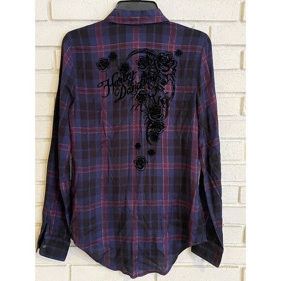 Harley-Davidson Tops - Harley-Davidson Women's Black Blue Metallic Plaid Shirt Velvet Back‎ Logo sz XS